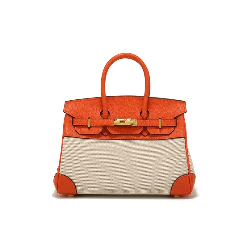 Litchi grain cowhide canvas platinum bag