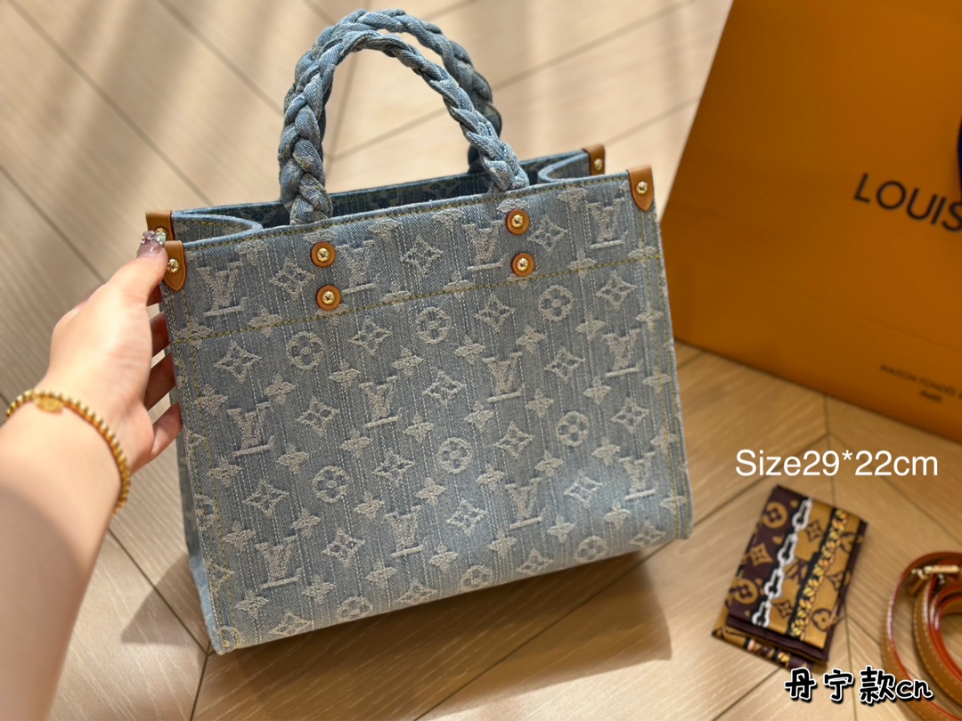 LV 2024 new model denim jeans  Nylon series onthego PM small tote bag, size 29*22 cm